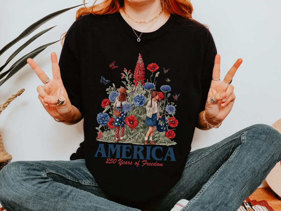 America 250 Comfort Shirt, Patriotic Floral USA Graphic Tee, Vintage Freedom Tshirt for Fourth of July and Americana Lovers