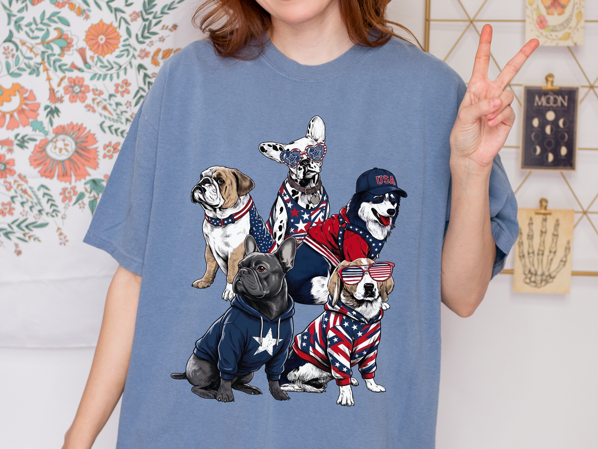 Patriotic Dog Comfort Shirt, Funny USA Dog Lover Tshirt for Fourth of July, American Flag Puppy Graphic Tee Gift