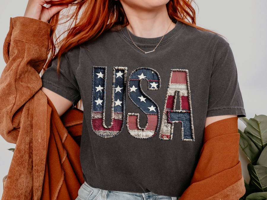 USA Patchwork Comfort Shirt, Patriotic Americana Graphic Tee, Vintage Fourth of July Tshirt for Cozy American Style