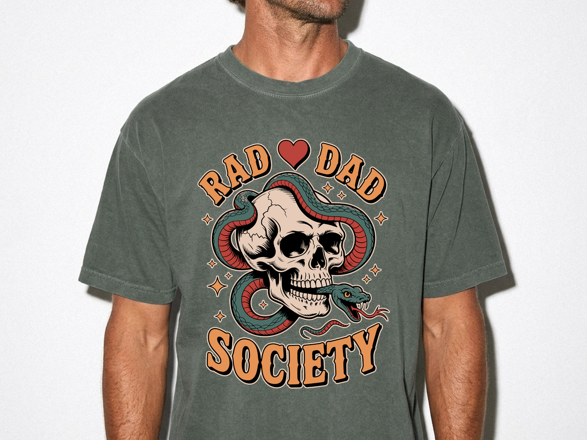 Rad Dad Society Comfort Shirt, Skull Snake Graphic Tee, Edgy Fatherhood Tshirt, Alternative Dad Gift for Fathers Day