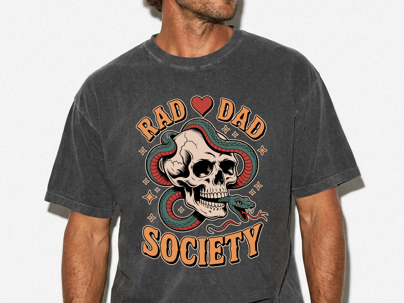 Rad Dad Society Comfort Shirt, Skull Snake Graphic Tee, Edgy Fatherhood Tshirt, Alternative Dad Gift for Fathers Day