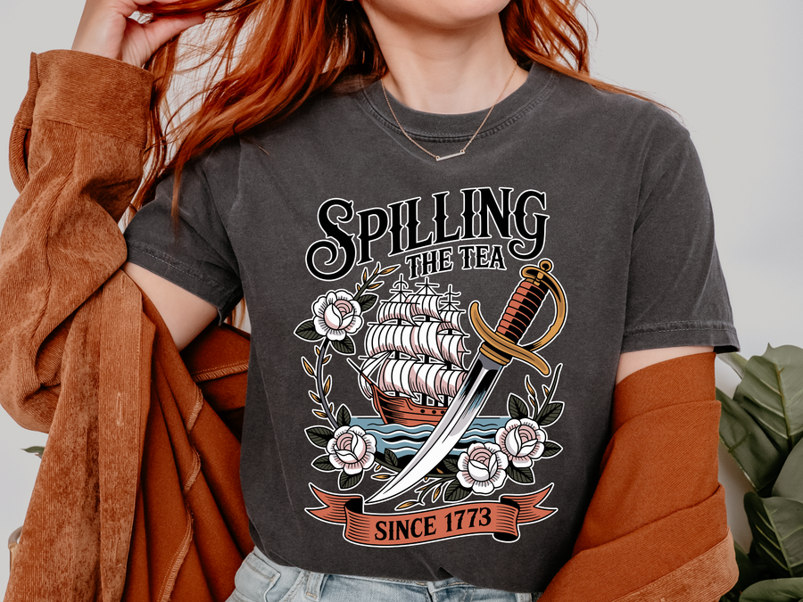 Spilling The Tea Comfort Shirt, Boston Tea Party Graphic Tee, Funny American History Tshirt, Patriotic Vintage Comfort Shirt