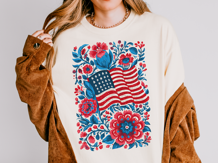 Patriotic Floral Comfort Colors Shirt, Vintage American Flag Graphic Tee, Retro Fourth of July Shirt, USA Summer Comfort Tee