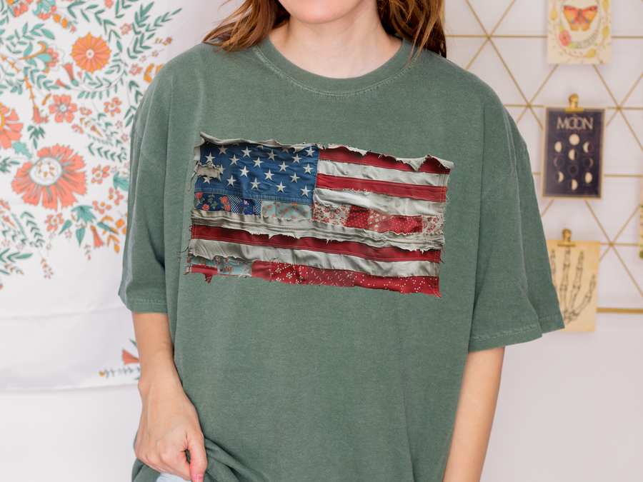Vintage American Flag Comfort Colors Shirt, Patriotic Graphic Tee for Women, Retro Fourth of July Shirt, Distressed USA Summer Comfort Tee