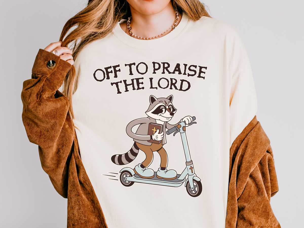 Funny Christian Comfort Colors Shirt, Off to Praise the Lord Raccoon Tee, Cute Faith Based Graphic Tee, Trendy Christian Shirt for Women