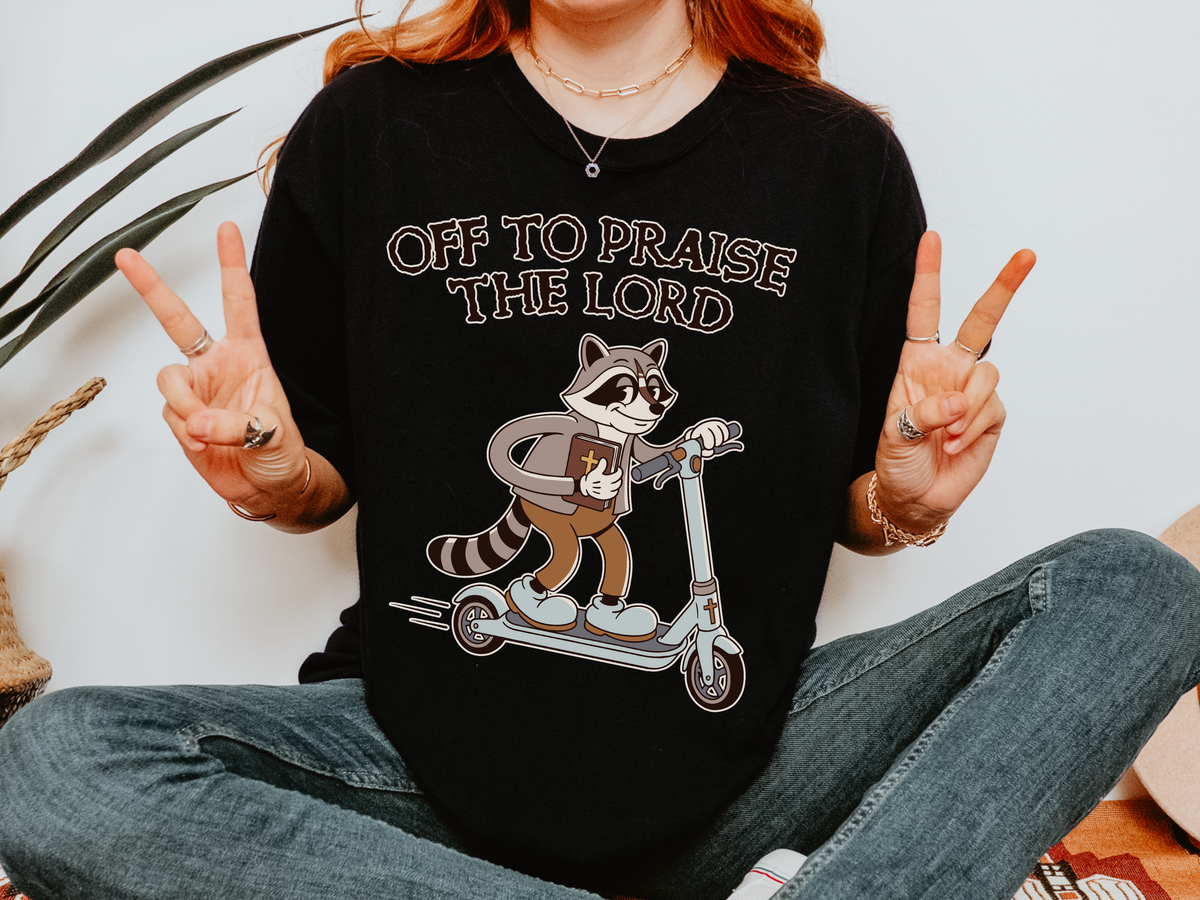 Funny Christian Comfort Colors Shirt, Off to Praise the Lord Raccoon Tee, Cute Faith Based Graphic Tee, Trendy Christian Shirt for Women