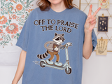 Funny Christian Comfort Colors Shirt, Off to Praise the Lord Raccoon Tee, Cute Faith Based Graphic Tee, Trendy Christian Shirt for Women