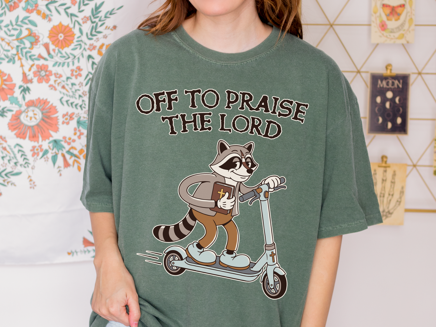 Funny Christian Comfort Colors Shirt, Off to Praise the Lord Raccoon Tee, Cute Faith Based Graphic Tee, Trendy Christian Shirt for Women