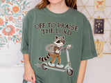 Funny Christian Comfort Colors Shirt, Off to Praise the Lord Raccoon Tee, Cute Faith Based Graphic Tee, Trendy Christian Shirt for Women