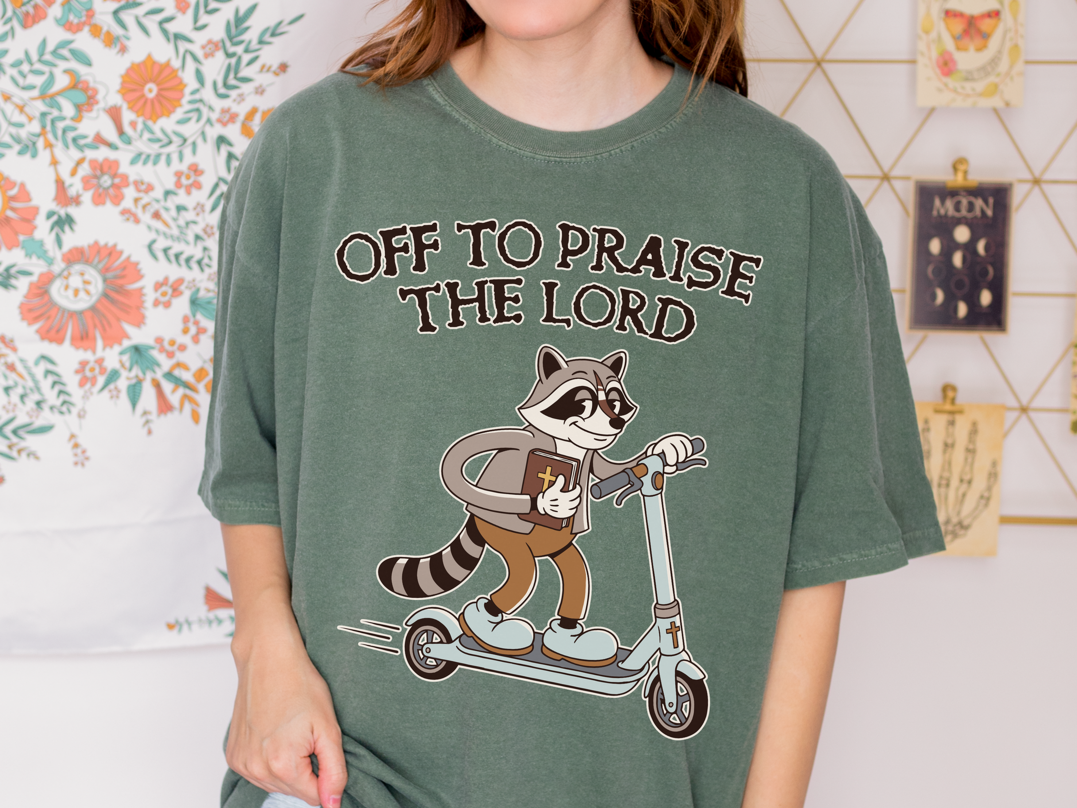 Funny Christian Comfort Colors Shirt, Off to Praise the Lord Raccoon Tee, Cute Faith Based Graphic Tee, Trendy Christian Shirt for Women