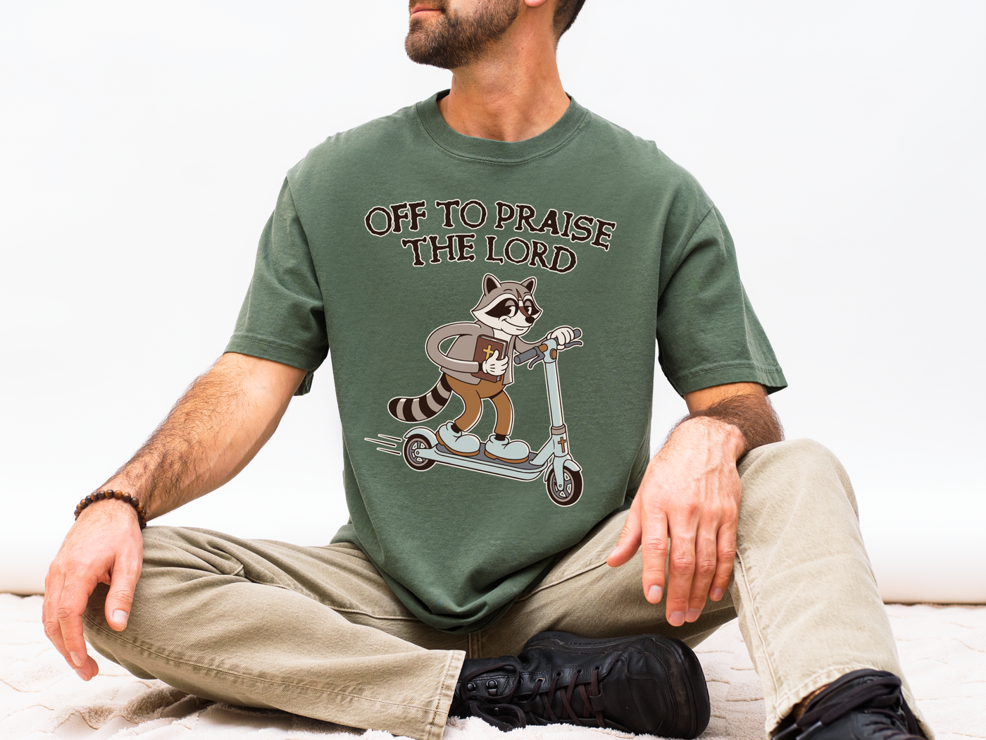 Funny Christian Comfort Colors Shirt, Off to Praise the Lord Raccoon Tee, Cute Faith Based Graphic Tee, Trendy Christian Shirt for Women