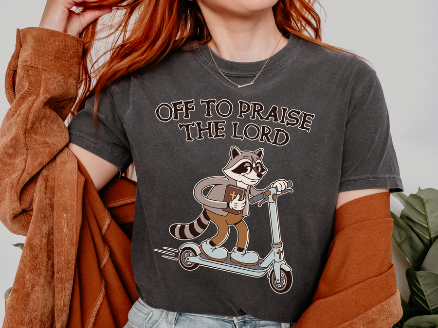 Funny Christian Comfort Colors Shirt, Off to Praise the Lord Raccoon Tee, Cute Faith Based Graphic Tee, Trendy Christian Shirt for Women