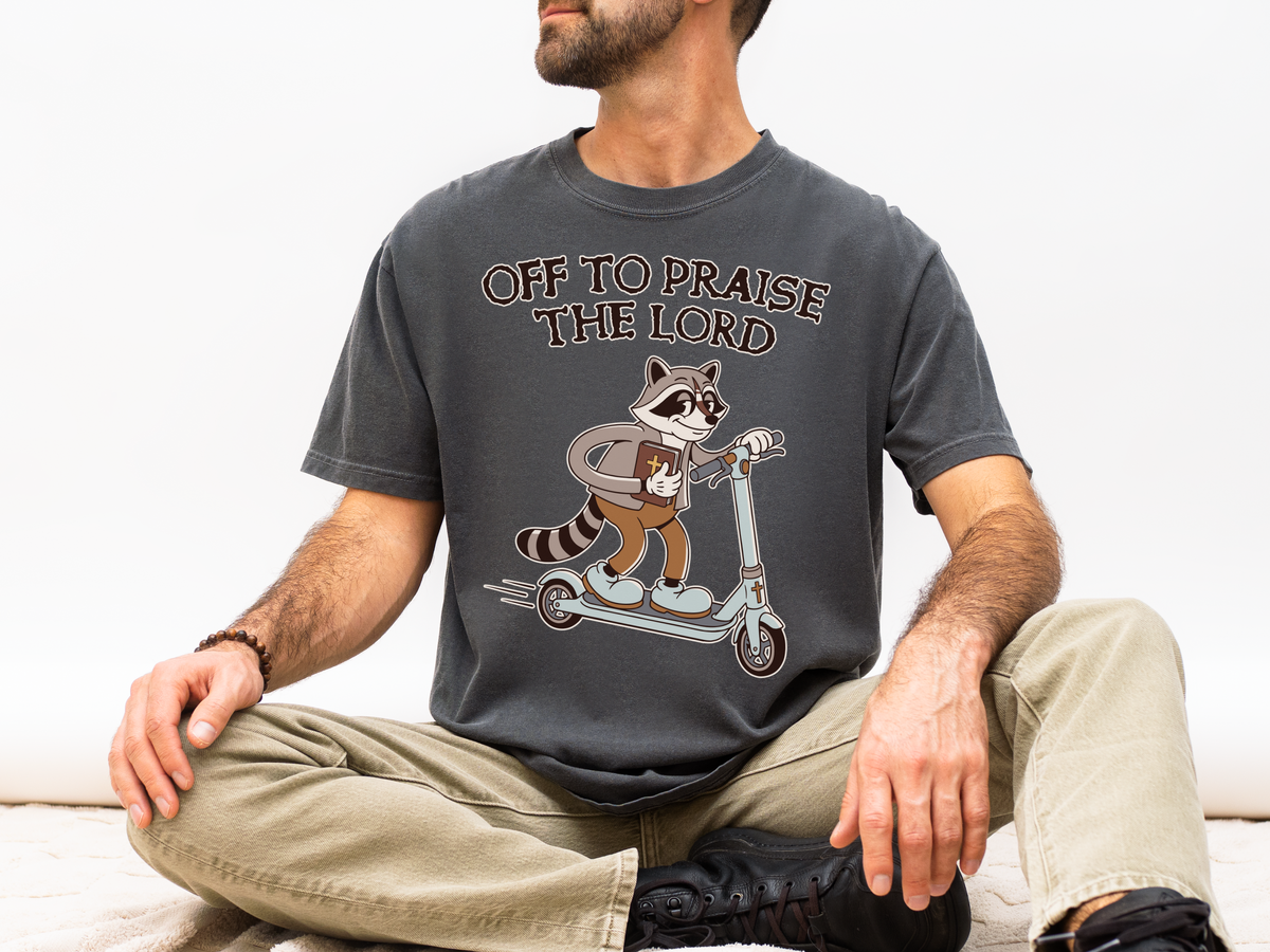 Funny Christian Comfort Colors Shirt, Off to Praise the Lord Raccoon Tee, Cute Faith Based Graphic Tee, Trendy Christian Shirt for Women