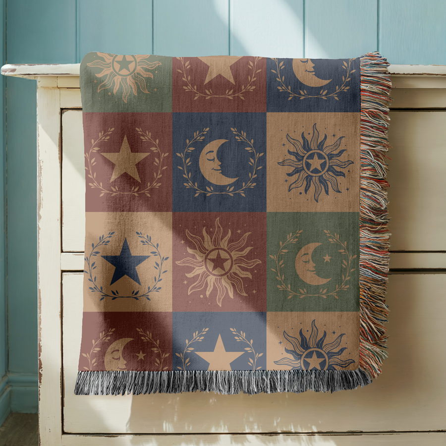 Celestial Sun Moon Star Woven Blanket, Vintage Boho Throw Blanket, Western Cottagecore Home Decor Gift, Mystic Cozy Blanket
