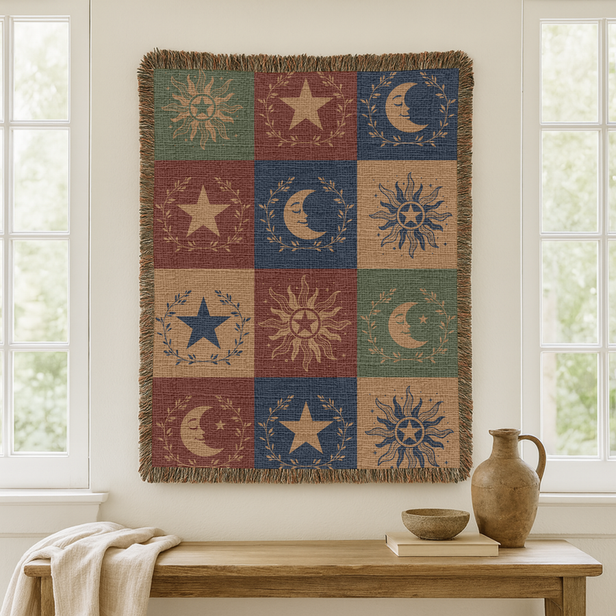 Celestial Sun Moon Star Woven Blanket, Vintage Boho Throw Blanket, Western Cottagecore Home Decor Gift, Mystic Cozy Blanket