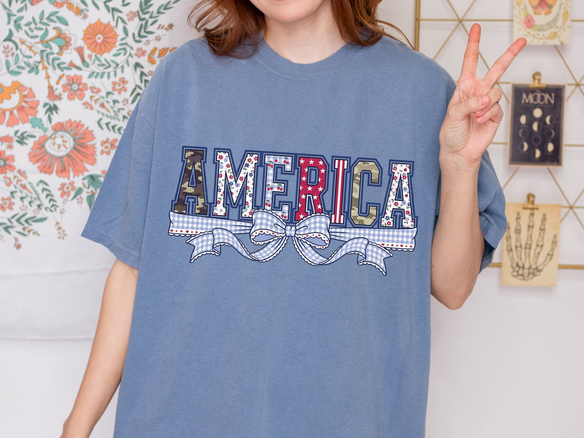 Patriotic America Bow Shirt, Coquette Fourth of July Tee for Women, Vintage USA Graphic Shirt, Cute Americana Outfit, Independence Day Gift