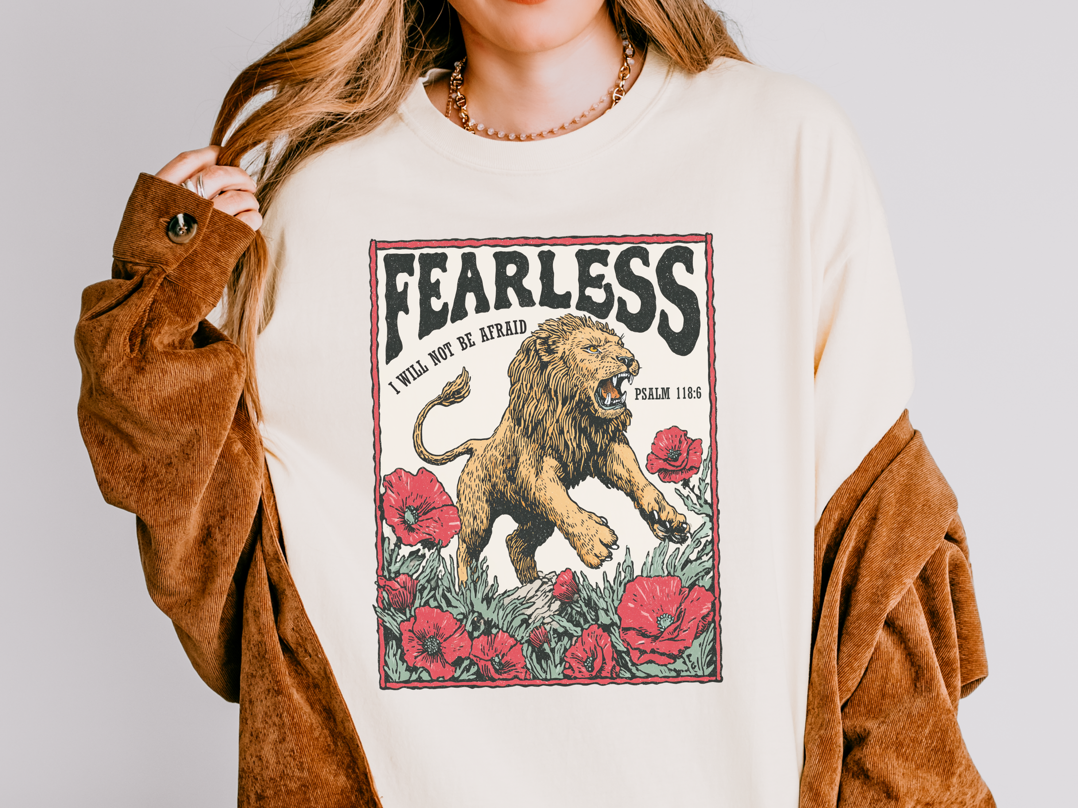 Fearless Lion Christian Graphic T Shirt, Psalm 118 6 Faith Tee, Vintage Religious Shirt, Inspirational Christian Streetwear Top