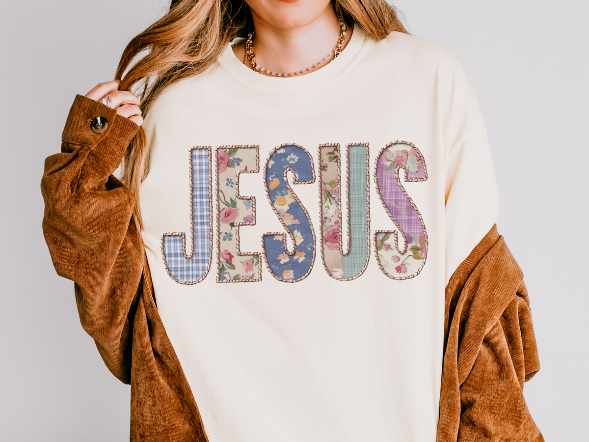 Jesus Patchwork Graphic Tee, Floral Christian Shirt, Cute Faith Based T Shirt, Vintage Coquette Religious Shirt