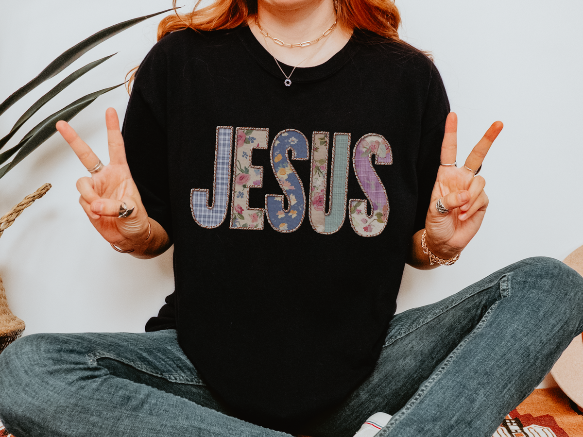 Jesus Patchwork Graphic Tee, Floral Christian Shirt, Cute Faith Based T Shirt, Vintage Coquette Religious Shirt