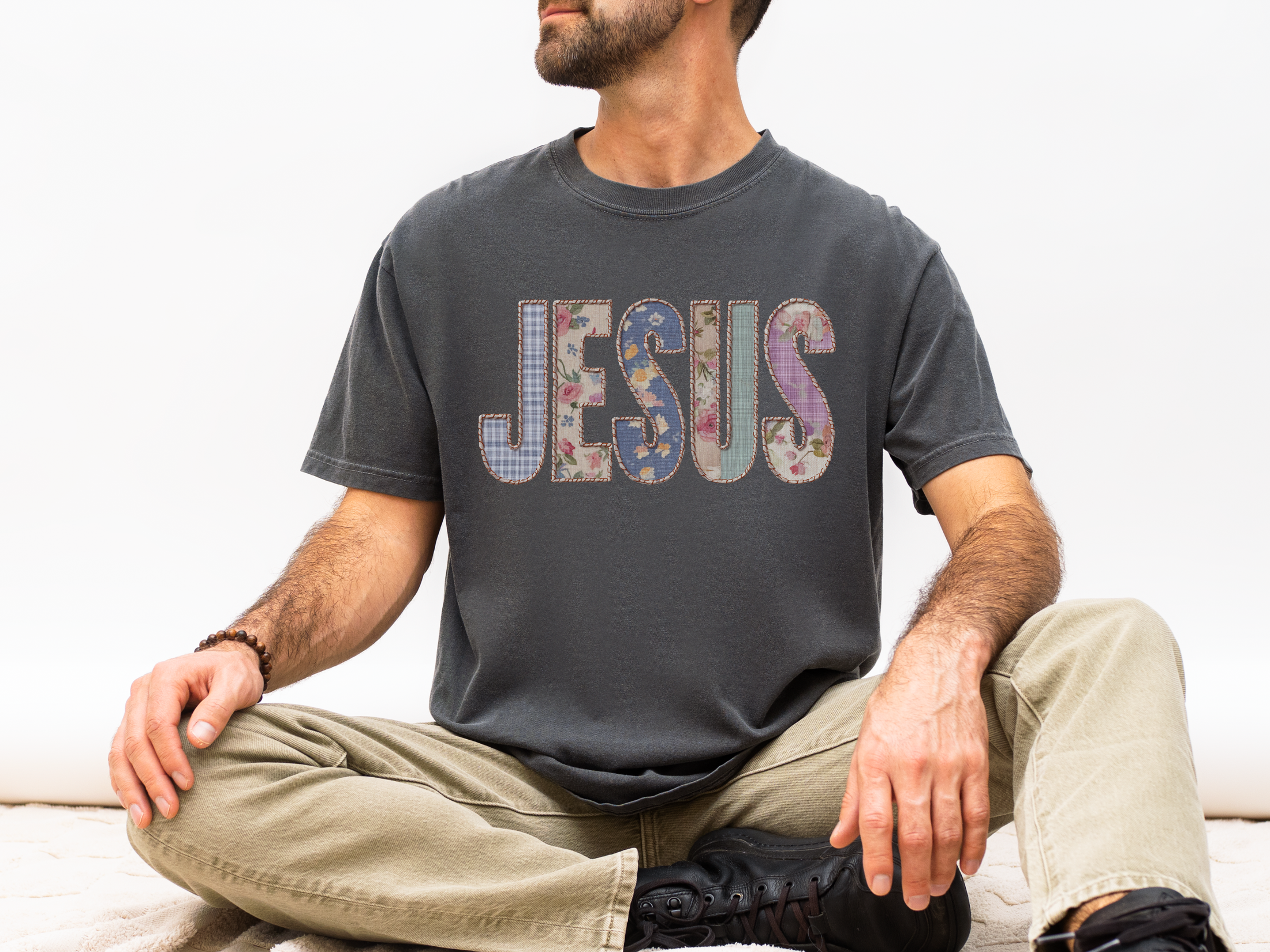 Jesus Patchwork Graphic Tee, Floral Christian Shirt, Cute Faith Based T Shirt, Vintage Coquette Religious Shirt