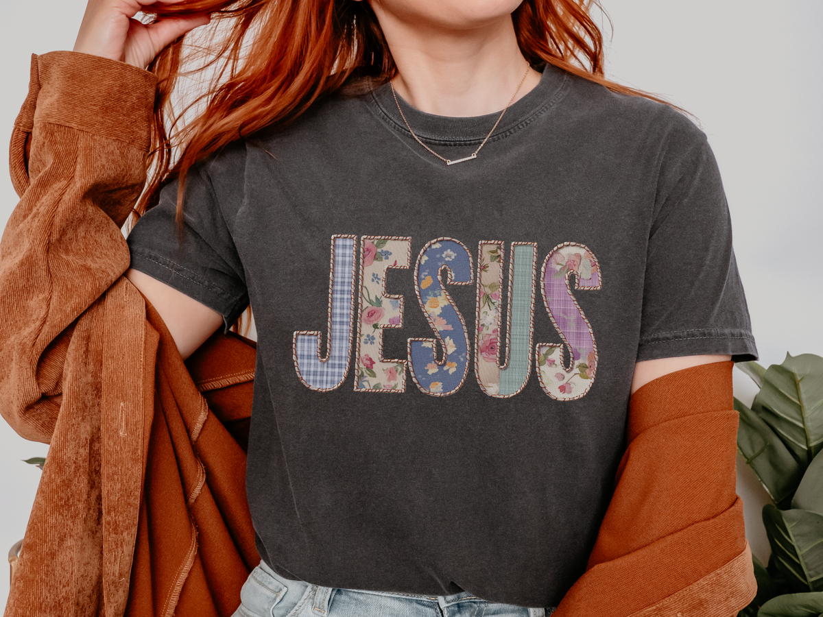 Jesus Patchwork Graphic Tee, Floral Christian Shirt, Cute Faith Based T Shirt, Vintage Coquette Religious Shirt