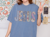 Jesus Patchwork Graphic Tee, Floral Christian Shirt, Cute Faith Based T Shirt, Vintage Coquette Religious Shirt
