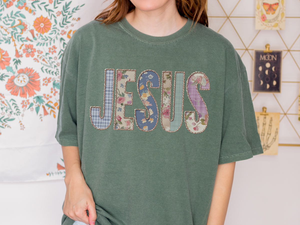 Jesus Patchwork Graphic Tee, Floral Christian Shirt, Cute Faith Based T Shirt, Vintage Coquette Religious Shirt