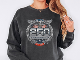 A dark gray crewneck sweatshirt printed with an eagle-topped silver emblem reading 250, United States of America, 1776-2026.