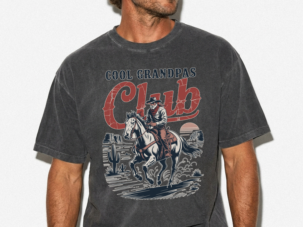 Cool Grandpas Club Shirt with Cowboy Grandpa Riding Horse, Funny Western Grandpa Tee, Rustic Grandfather Gift for Fathers Day