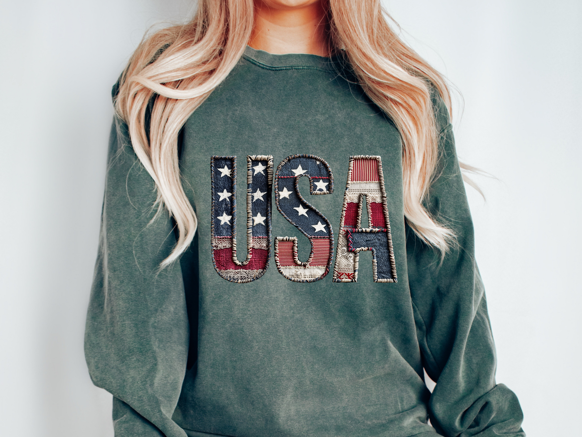 Patriotic USA Patchwork Comfort Sweatshirt, Vintage American Flag Crewneck, Americana Sweatshirt, Fourth of July Gift