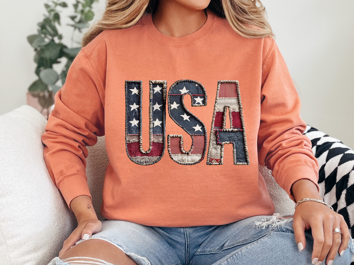 Patriotic USA Patchwork Comfort Sweatshirt, Vintage American Flag Crewneck, Americana Sweatshirt, Fourth of July Gift