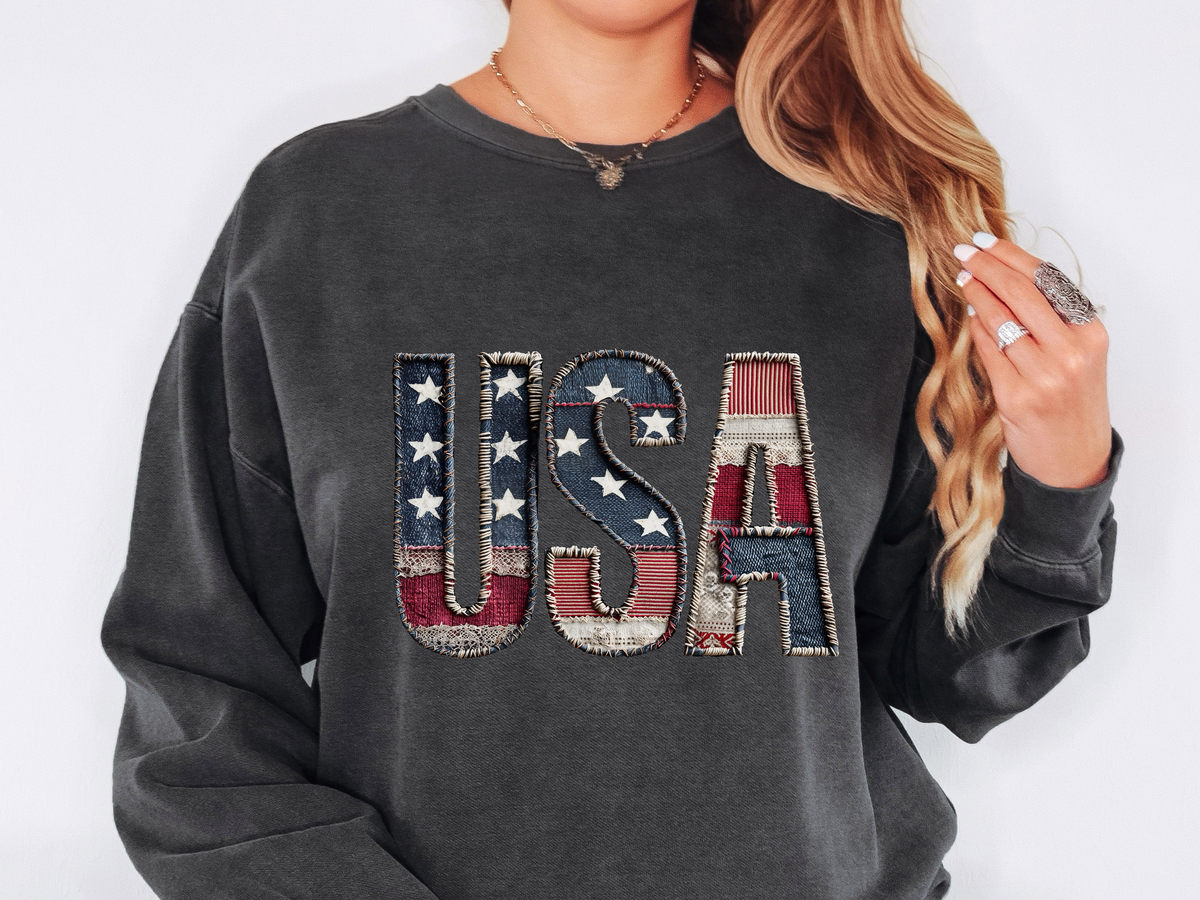 Patriotic USA Patchwork Comfort Sweatshirt, Vintage American Flag Crewneck, Americana Sweatshirt, Fourth of July Gift