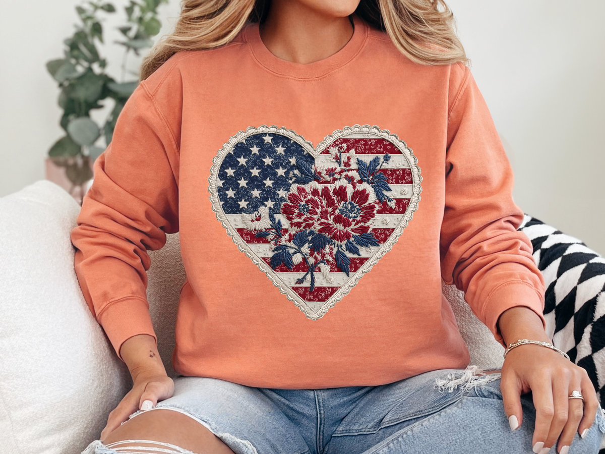 Patriotic Floral Heart Comfort Sweatshirt, American Flag Heart Crewneck, Fourth of July Sweatshirt, USA Gift for Women
