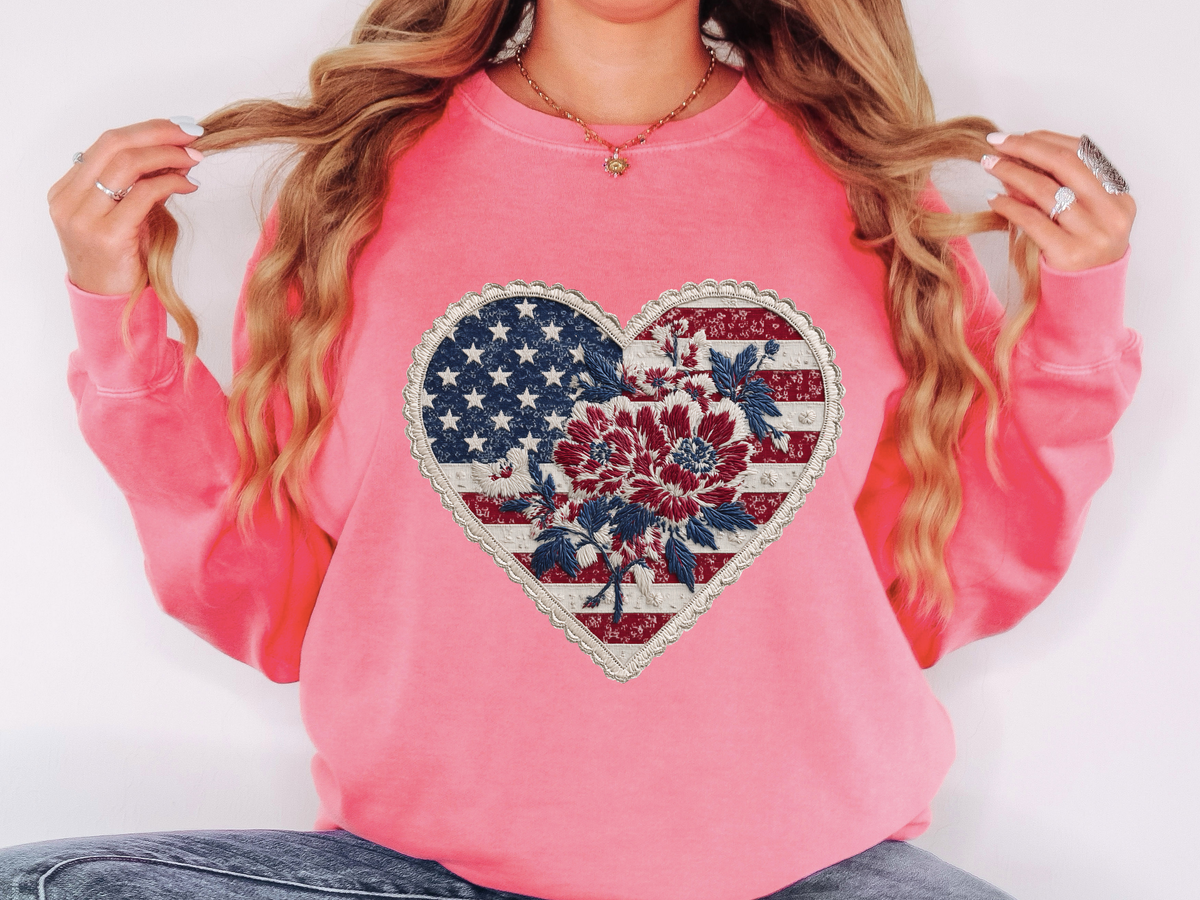 Patriotic Floral Heart Comfort Sweatshirt, American Flag Heart Crewneck, Fourth of July Sweatshirt, USA Gift for Women