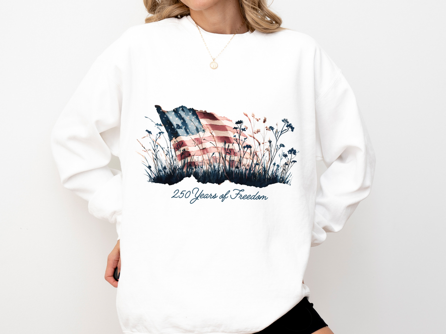 Vintage Watercolor American Flag Comfort Sweatshirt, 250 Years of Freedom Crewneck, Patriotic Wildflower USA Sweatshirt