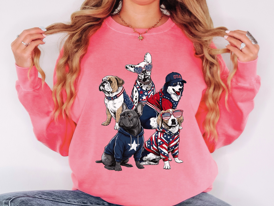Patriotic Dog Lover Comfort Sweatshirt, USA Dogs Crewneck Sweatshirt, Fourth of July Pet Lover Gift, American Flag Puppy Sweatshirt