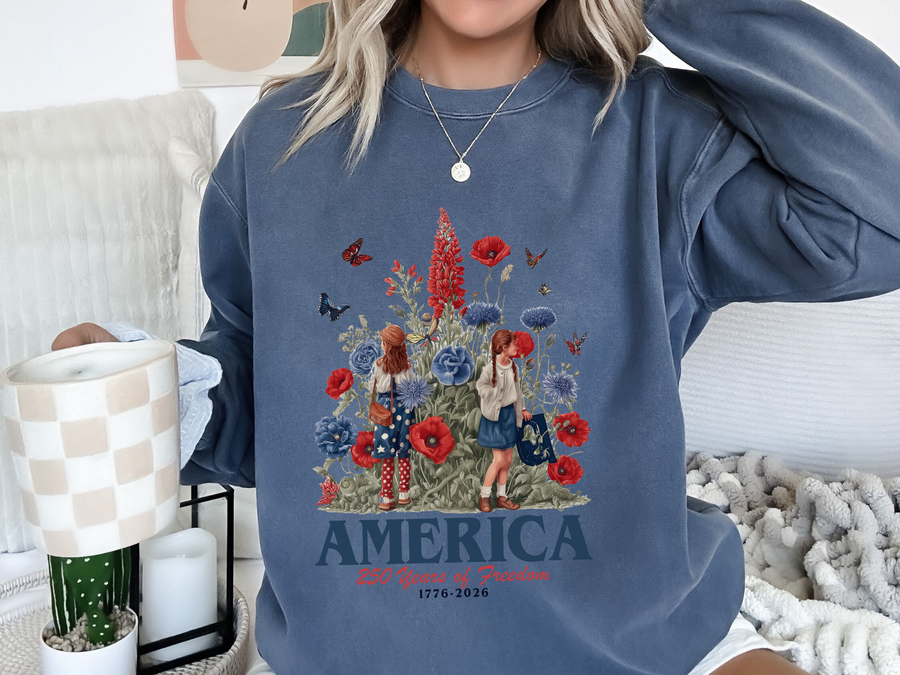 America 250 Years of Freedom Comfort Sweatshirt, Patriotic Floral Americana Crewneck, USA Bicentennial Inspired Gift for Women