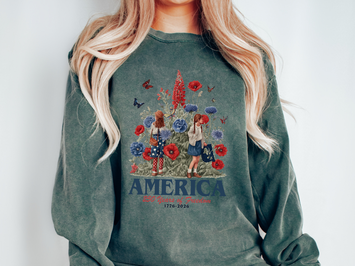 America 250 Years of Freedom Comfort Sweatshirt, Patriotic Floral Americana Crewneck, USA Bicentennial Inspired Gift for Women