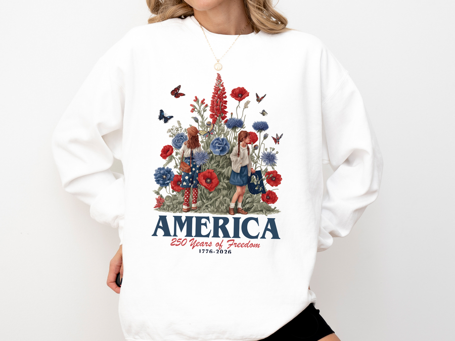 America 250 Years of Freedom Comfort Sweatshirt, Patriotic Floral Americana Crewneck, USA Bicentennial Inspired Gift for Women