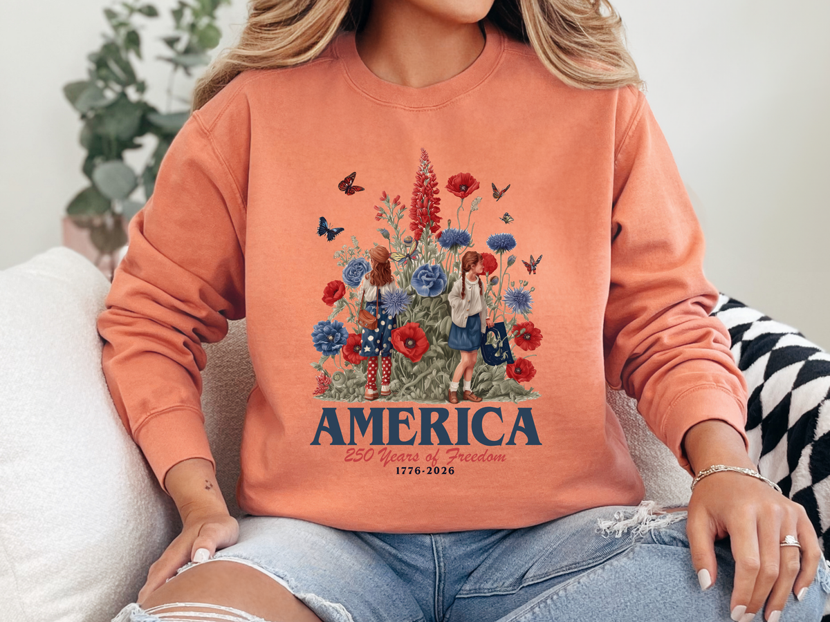 America 250 Years of Freedom Comfort Sweatshirt, Patriotic Floral Americana Crewneck, USA Bicentennial Inspired Gift for Women