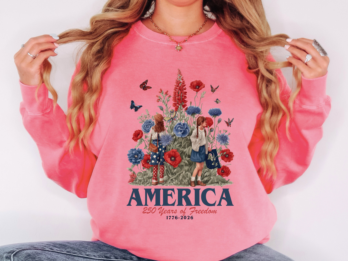 America 250 Years of Freedom Comfort Sweatshirt, Patriotic Floral Americana Crewneck, USA Bicentennial Inspired Gift for Women