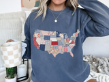 Patchwork USA Map Comfort Sweatshirt, Quilted America Crewneck Sweatshirt, Patriotic Americana Gift, Fourth of July Comfort Sweatshirt