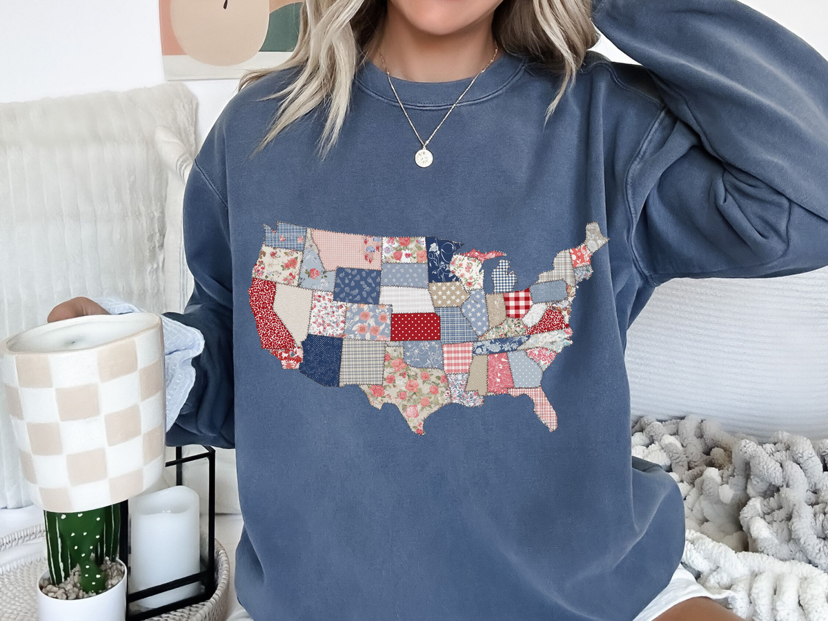 Patchwork USA Map Comfort Sweatshirt, Quilted America Crewneck Sweatshirt, Patriotic Americana Gift, Fourth of July Comfort Sweatshirt
