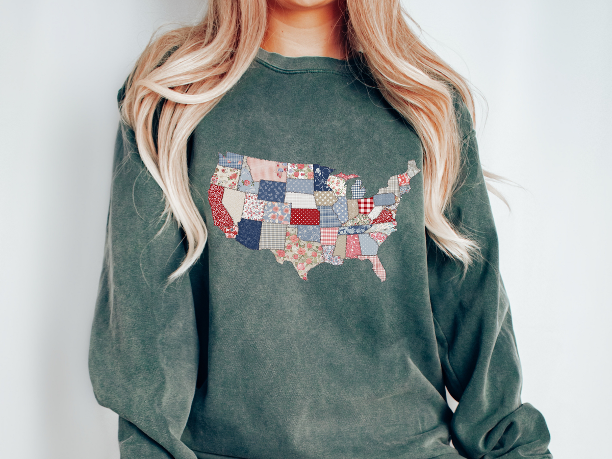 Patchwork USA Map Comfort Sweatshirt, Quilted America Crewneck Sweatshirt, Patriotic Americana Gift, Fourth of July Comfort Sweatshirt