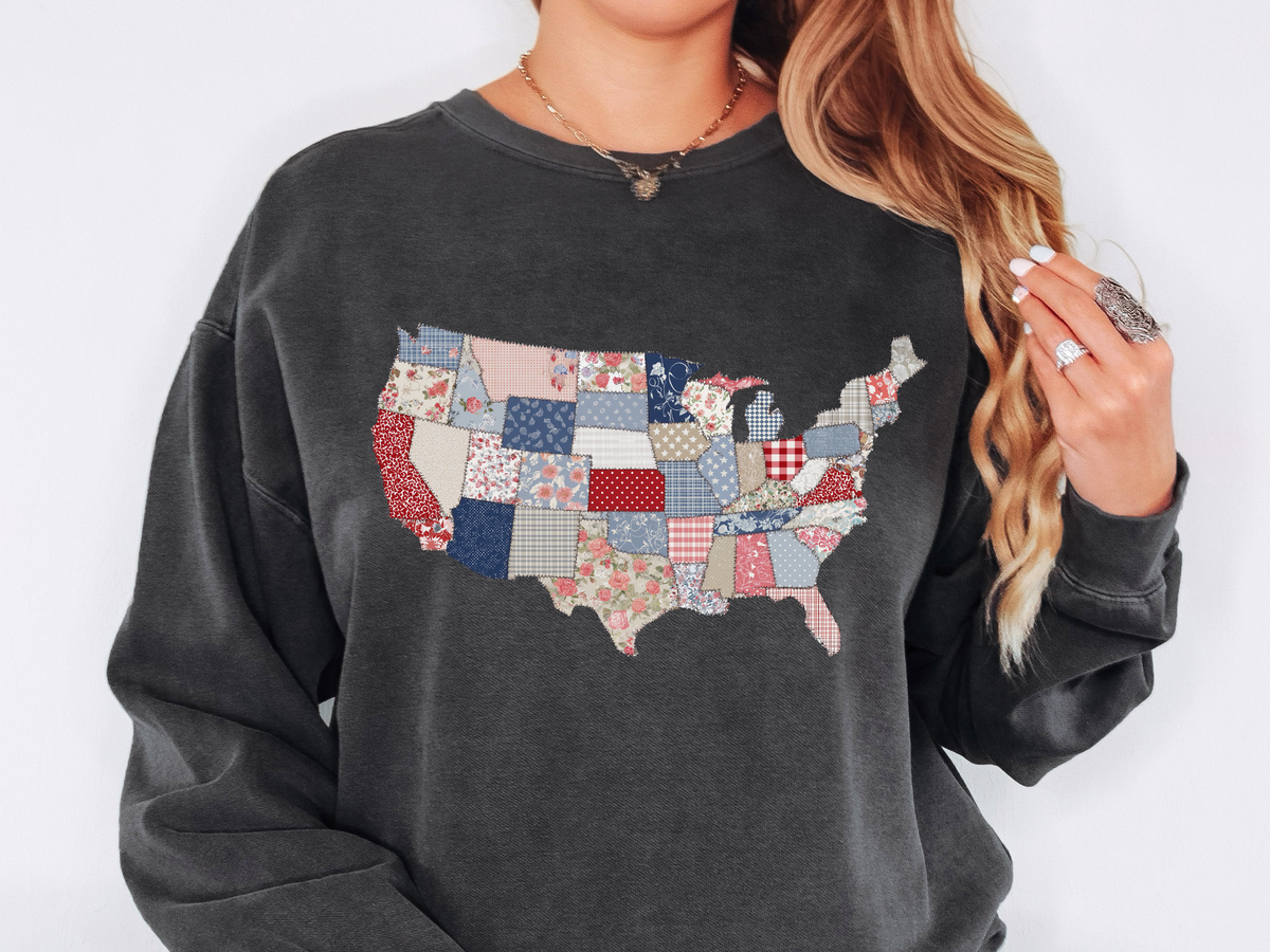 Patchwork USA Map Comfort Sweatshirt, Quilted America Crewneck Sweatshirt, Patriotic Americana Gift, Fourth of July Comfort Sweatshirt