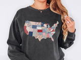 Patchwork USA Map Comfort Sweatshirt, Quilted America Crewneck Sweatshirt, Patriotic Americana Gift, Fourth of July Comfort Sweatshirt