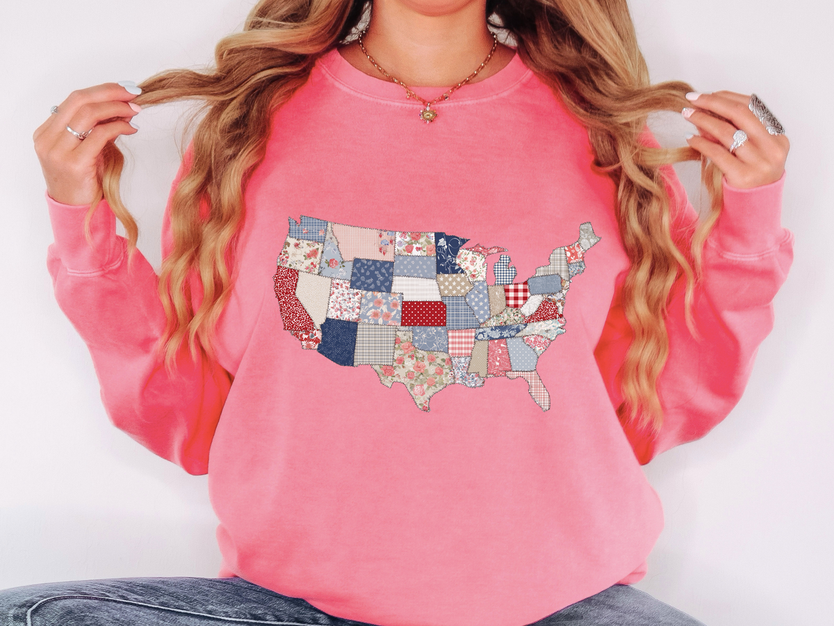 Patchwork USA Map Comfort Sweatshirt, Quilted America Crewneck Sweatshirt, Patriotic Americana Gift, Fourth of July Comfort Sweatshirt