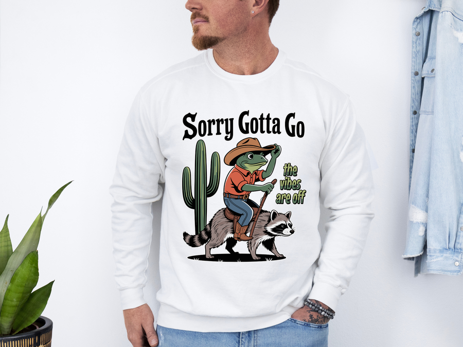 Funny Frog Cowboy Comfort Sweatshirt, Sorry Gotta Go The Vibes Are Off Crewneck, Raccoon Western Meme Comfort Sweatshirt