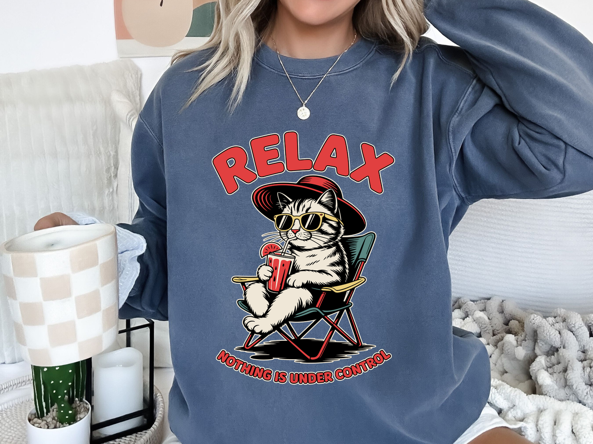 Funny Cat Lover Comfort Sweatshirt, Relax Nothing Is Under Control Crewneck, Sarcastic Cat Mom Comfort Sweatshirt Gift