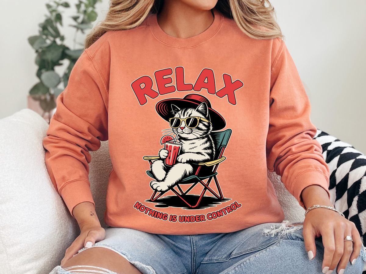 Funny Cat Lover Comfort Sweatshirt, Relax Nothing Is Under Control Crewneck, Sarcastic Cat Mom Comfort Sweatshirt Gift